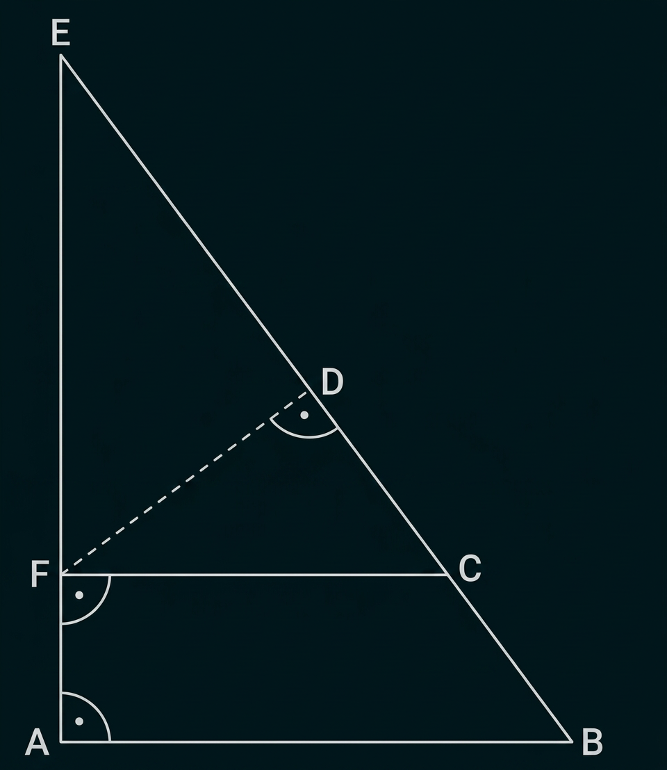 Geometrische Skizze mit den Punkten A bis F, einem schrägen Dreieck und gestrichelter Verbindung zu D.